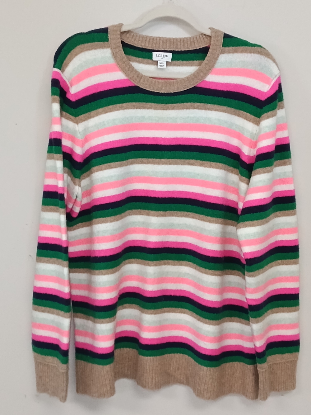 J.Crew XXL Bright Pink, Green Beige White Soft Striped Womens Crew Neck Sweater